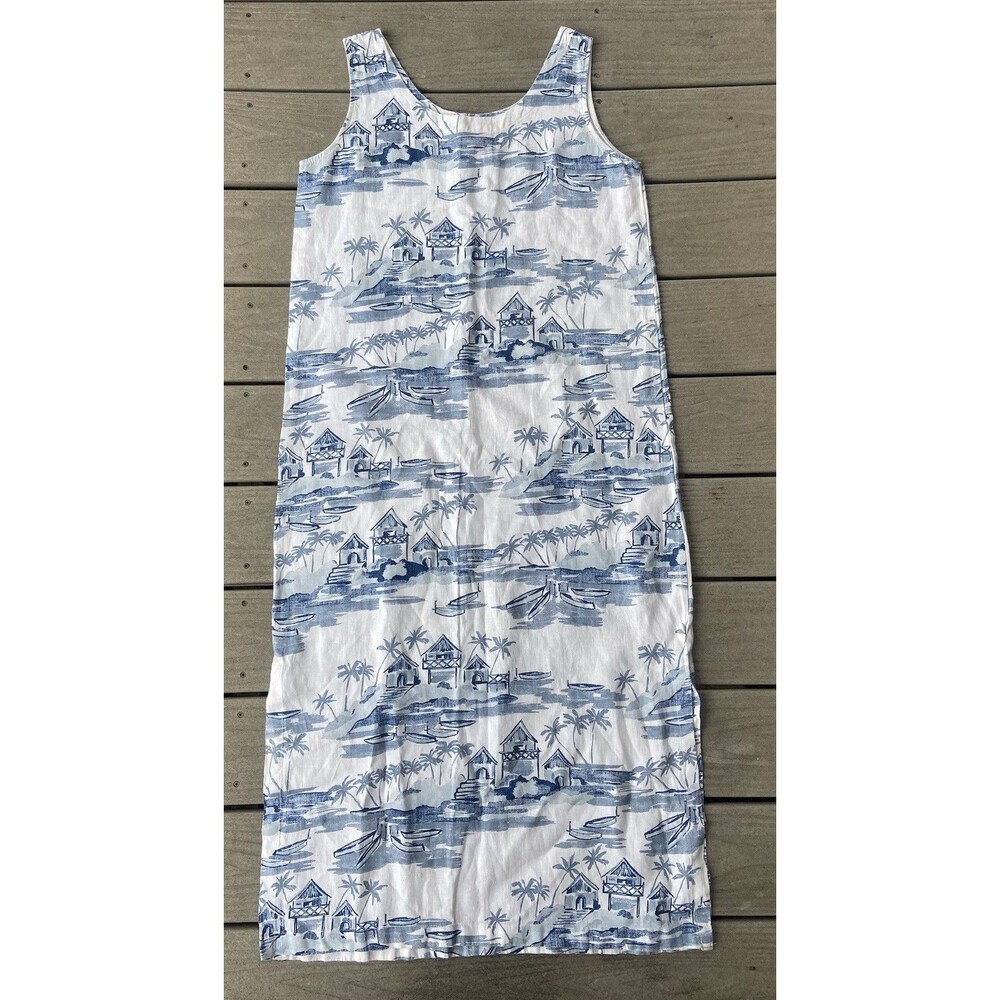 C.C. Collection Linen Tropical Island Print Sleeveless Midi Dress White Blue M